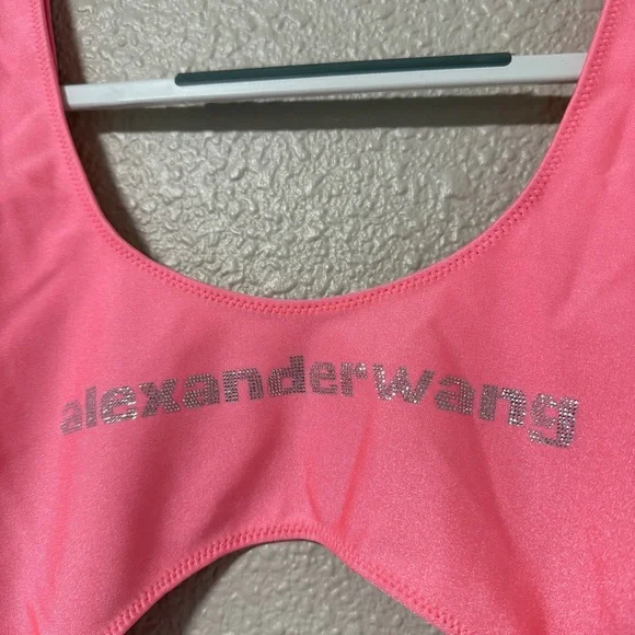 NWT Alexander Wang Rhinestone Logo Cutout Swimsuit Neon Pink One Piece Size S - Picture 5 of 10